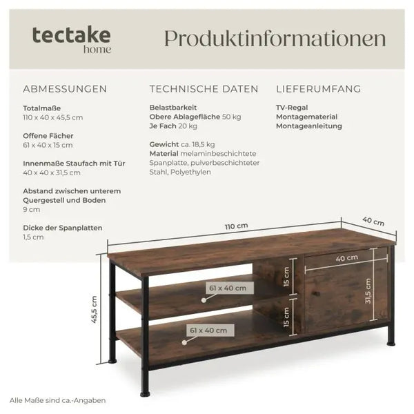 TV-Regal Durban Industrial Holz dunkel, rustikal 110 x 40 x 45,5 cm