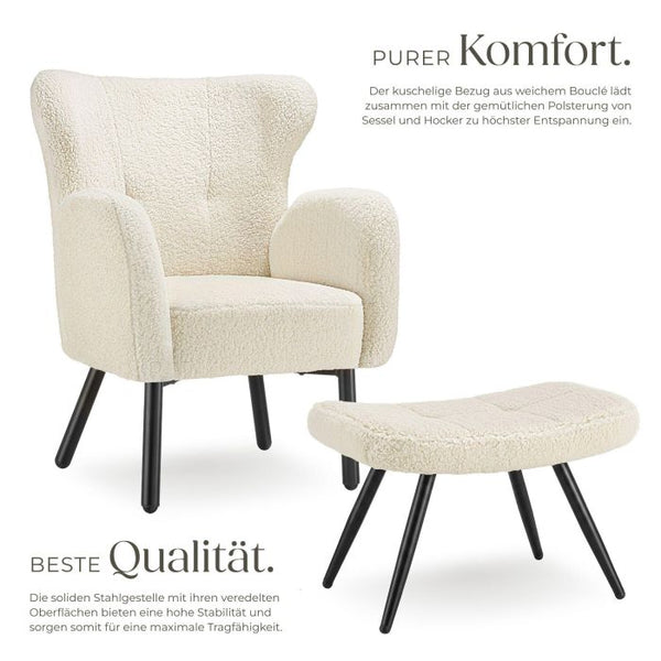 Sessel mit Hocker Vänersborg Bouclé creme/schwarz