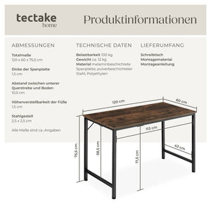 Schreibtisch Jenkins Industrial Holz dunkel, rustikal 120 cm