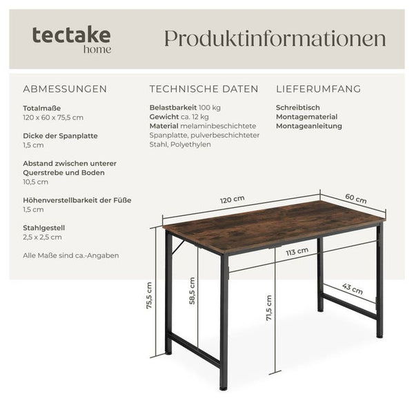 Schreibtisch Jenkins Industrial Holz dunkel, rustikal 120 cm