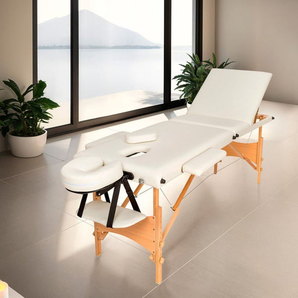 3 Zonen Massageliege mit Polsterung und Holzgestell beige