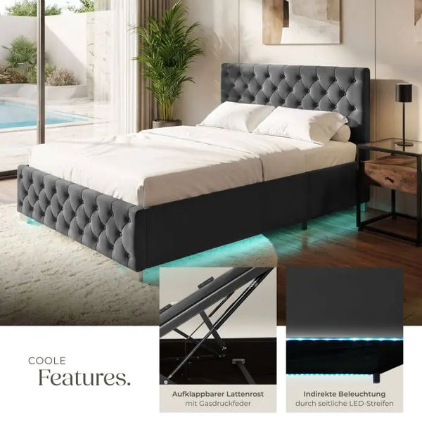 Polsterbett Daytona mit LED und Stauraum Samtoptik schwarz 180 x 200 cm