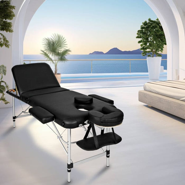 3 Zonen Massageliege mit 5cm Polsterung, Rollen und Aluminiumgestell schwarz