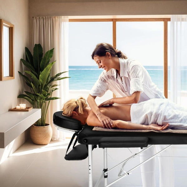 3 Zonen Massageliege mit 5cm Polsterung und Aluminiumgestell schwarz