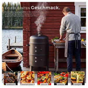 Räuchertonne 3in1 mit 2 Grillrosten und Thermometer schwarz