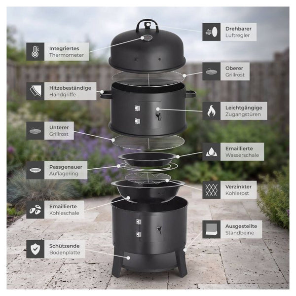 Räuchertonne 3in1 mit 2 Grillrosten und Thermometer schwarz