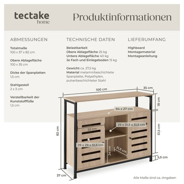 Sideboard Warrington Industrial Holz hell, Eiche Sonoma