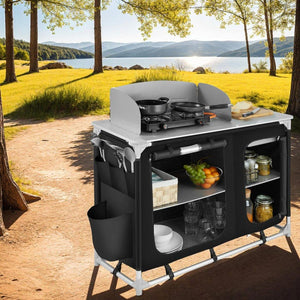 Luxury camping kitchen with 4 compartments, black