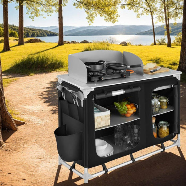 Luxury camping kitchen with 4 compartments, black