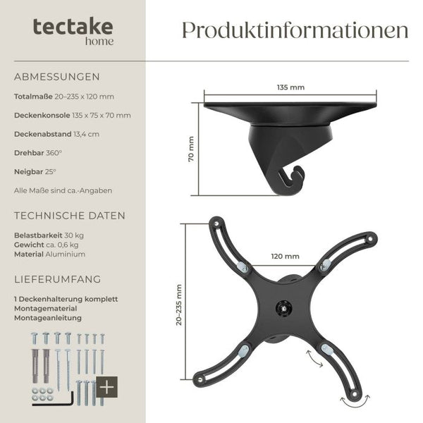 Universal Beamer-Deckenhalterung Aluminium mit Kugelgelenk schwarz