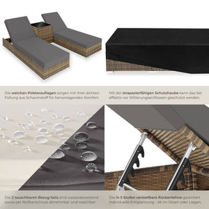 2 Polyrattan Sonnenliegen mit Tisch, natur