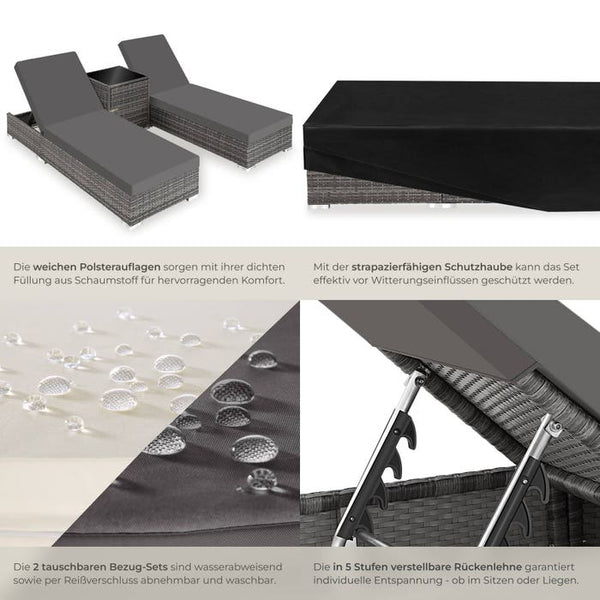 2 lettini prendisole in alluminio e polyrattan + tavolo grigio