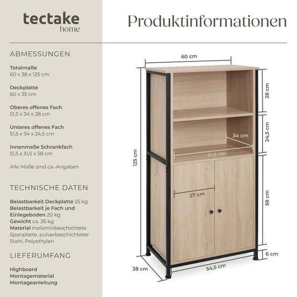 Highboard Doncaster Industrial Holz hell, Eiche Sonoma