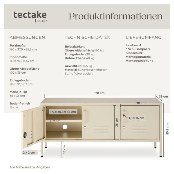 Sideboard Baker Metall abschliessbar beige 120 x 37,5 x 55,5 cm