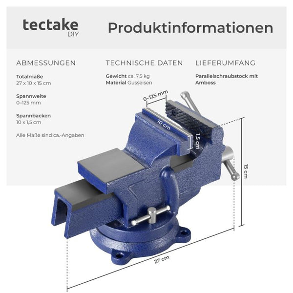 Schraubstock mit Amboss 360° drehbar Gusseisen blau 125 mm