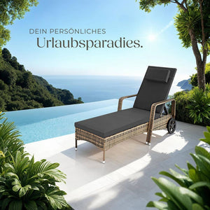 Sonnenliege Rattan mit Rollen natur/dunkelgrau