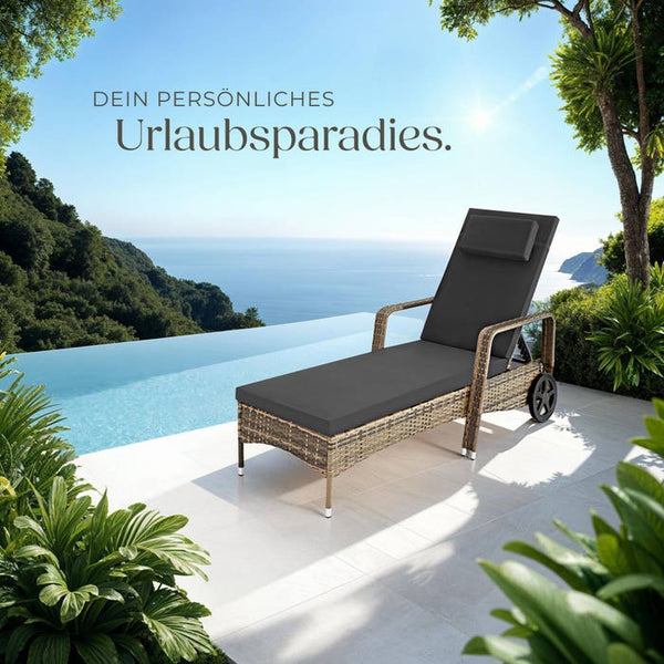 Sonnenliege Rattan mit Rollen natur/dunkelgrau