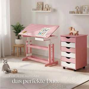 Kinderschreibtisch höhenverstellbar mit Rollcontainer rosa