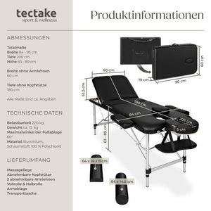 3 Zonen Massageliege mit 5cm Polsterung, Rollen und Aluminiumgestell schwarz