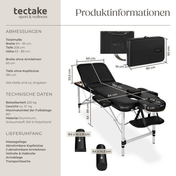 3 Zonen Massageliege mit 5cm Polsterung, Rollen und Aluminiumgestell schwarz