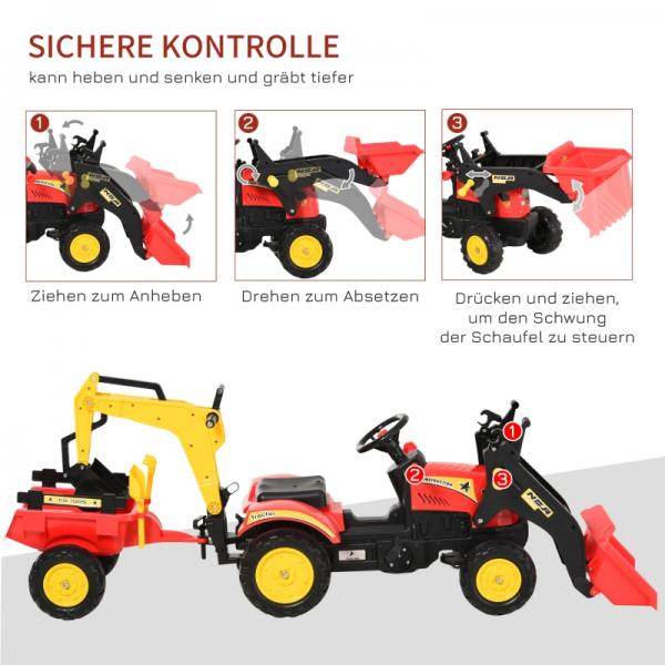 Trettraktor mit Anhänger Tretbagger mit Frontlader Kindertrettraktoren ab 3 Jahre Stahl Kunststoff Rot 179 x 42 x 59 cm