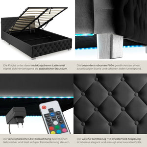 Bettset Polsterbett mit LED und Matratze Samtoptik schwarz 140 x 200 cm