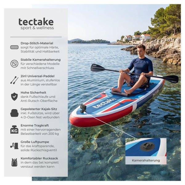Stand-Up Paddle Board 2in1 Poseidon rot/blau 320 cm mit Kamerahalterung