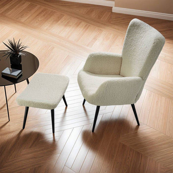 Sessel Hygge gepolstert, ergonomisch, Belastbarkeit 150 kg Bouclé creme/schwarz mit Hocker