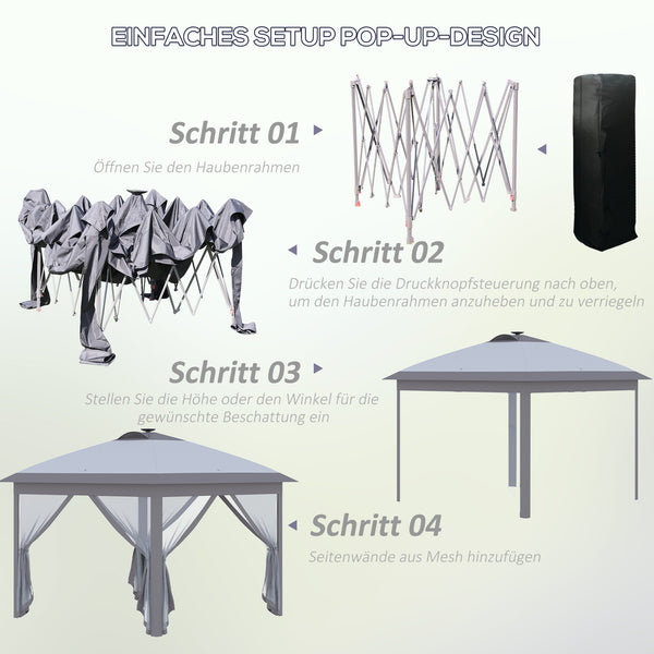 Faltpavillon mit LED Meshvorhängen und Tragetasche 3x3m grau