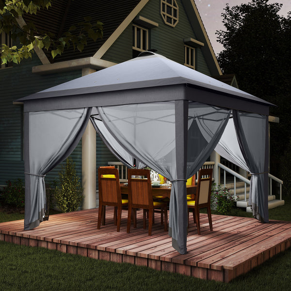 Faltpavillon mit LED Meshvorhängen und Tragetasche 3x3m grau