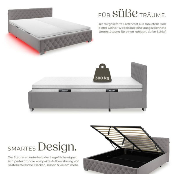 Bettset Polsterbett mit LED und Matratze Samtoptik dunkelgrau 180 x 200 cm