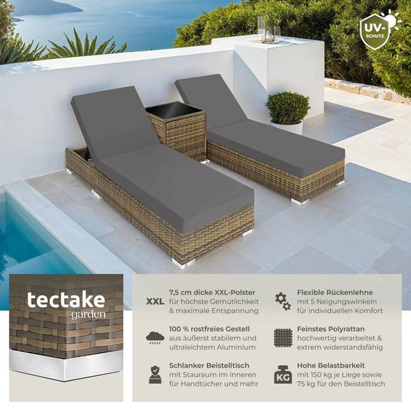 2 Polyrattan Sonnenliegen mit Tisch, natur