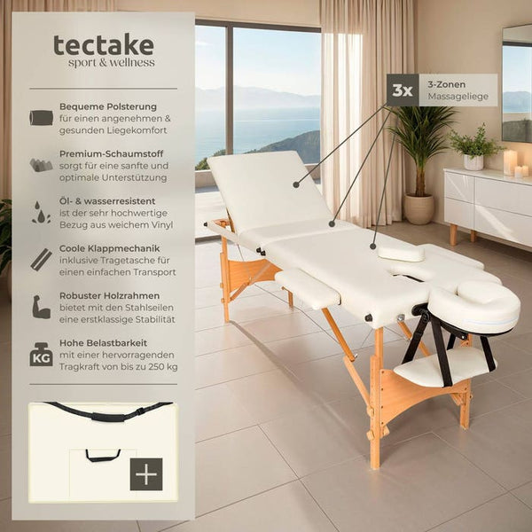 3 Zonen Massageliege mit Polsterung und Holzgestell beige