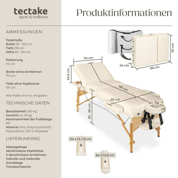 3 Zonen Massageliege-Set Somwang mit 7,5cm Polsterung, Rollen und Holzgestell beige
