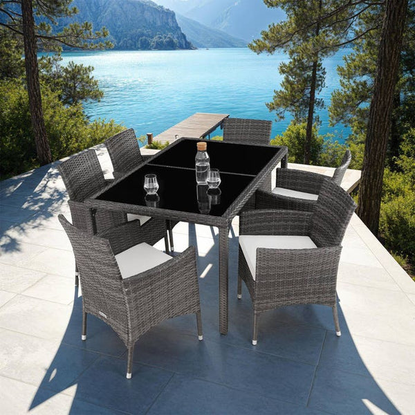 Rattan Sitzgruppe 6+1 mit Schutzhülle grau/weiss
