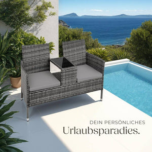 Rattan Gartensitzbank mit Tisch grau/hellgrau