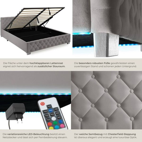 Bettset Polsterbett mit LED und Matratze Samtoptik dunkelgrau 180 x 200 cm