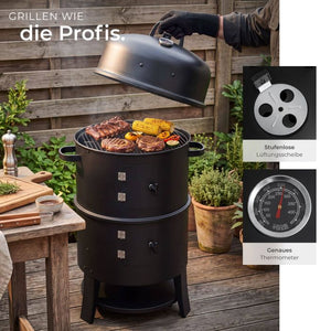 Räuchertonne 3in1 mit 2 Grillrosten und Thermometer schwarz