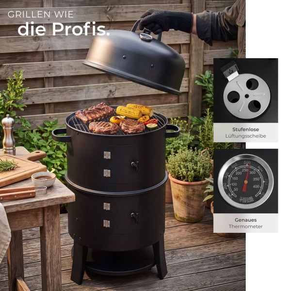 Räuchertonne 3in1 mit 2 Grillrosten und Thermometer schwarz