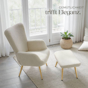 Sessel Hygge gepolstert, ergonomisch, Belastbarkeit 150 kg Bouclé creme/gold mit Hocker