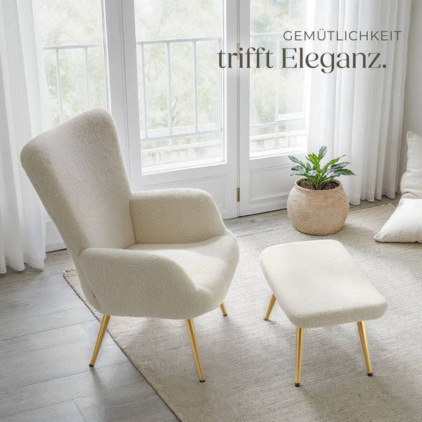 Sessel Hygge gepolstert, ergonomisch, Belastbarkeit 150 kg Bouclé creme/gold mit Hocker