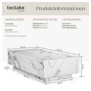 Couchtisch Lasley Marmor Optik weiß 120 x 60 x 35 cm