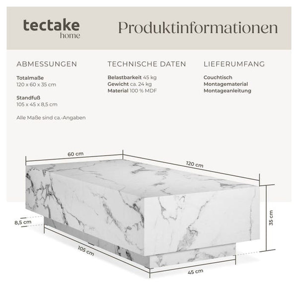 Couchtisch Lasley Marmor Optik weiß 120 x 60 x 35 cm