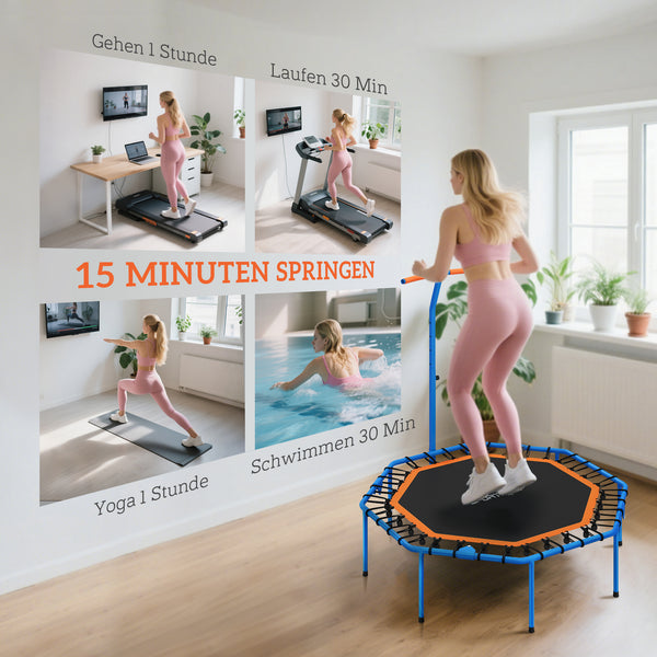Fitness Trampolin leise stabil mit Haltegriff für drinnen
