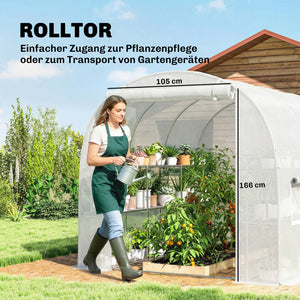 Foliengewächshaus gross rollbar mit Regalen und Netzfenstern