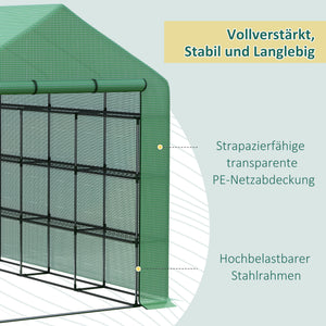 Foliengewächshaus begehbar mit Regalen und Tür für Tomaten