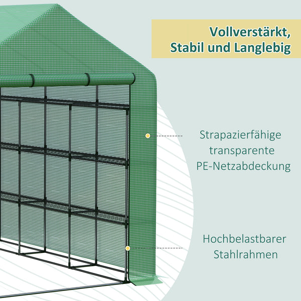 Foliengewächshaus begehbar mit Regalen und Tür für Tomaten