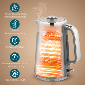 Frühstücksset Wasserkocher und Toaster 4 Scheiben 1,7L 2200W grau