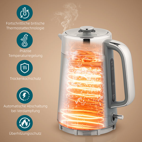 Frühstücksset Wasserkocher und Toaster 4 Scheiben 1,7L 2200W grau