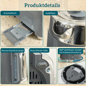 Frühstücksset Wasserkocher und Toaster 4 Scheiben 1,7L 2200W grau